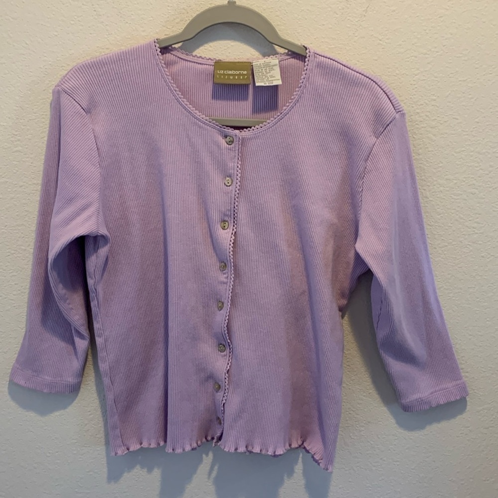 Liz Claiborne Liz Wear Womens Lavender Top. 3/4” Sleeves. 100% Cotton. Crop. L. 